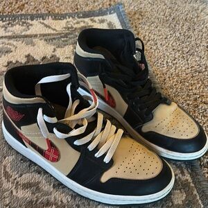 Jordan Black and Tan Sneakers with Red Highlights